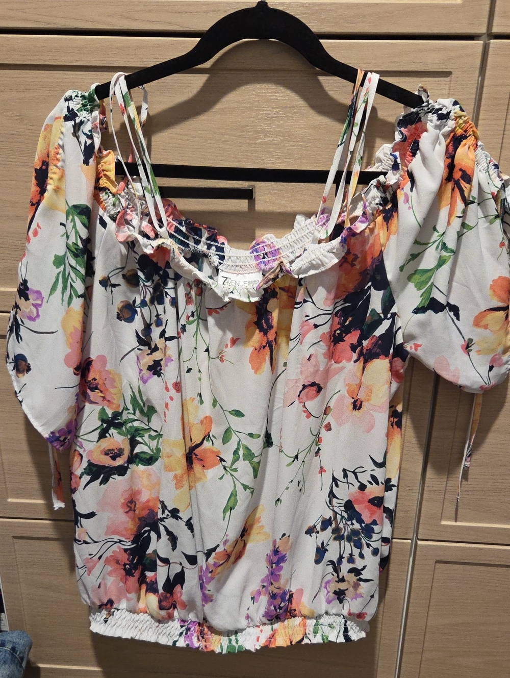New York & Company White Floral Off-Shoulder Blouse with Puff Sleeves
